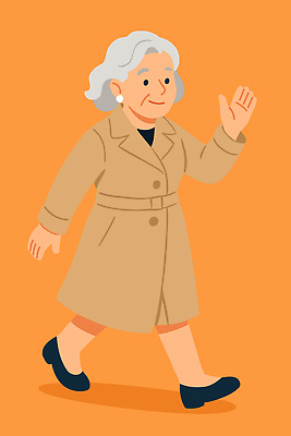 캐릭터 옷 여자 노년 행복 백그라운드 일러스트 장신구 미소 일상 걷기 주황색 인사 외출 손흔들기 국내일러스트 AI파일 감정 컬러 모션 표정 사람 성인 라이프 예절 파일형식 벡터