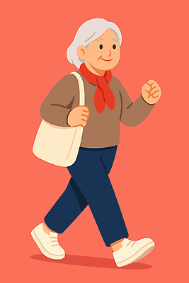 캐릭터 옷 행복 할머니 분홍색 백그라운드 일러스트 자연 미소 사람 일상 평화 걷기 귀여움 스카프 산책 활발 심볼 오브젝트 그림 스타일 국내일러스트 AI파일 여자 노년 감정 컬러 컨셉 모션 휴식 표정 라이프 목도리 생태계 파일형식 벡터