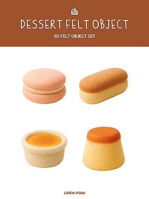 PSD 편집이미지 컬러 탁자 디저트 장식 인테리어 모형 귀여움 달콤 배열 오브젝트 그림 감성 펠트 핸드메이드 편집3D 디자인 음식 가구 컨셉 3D 맛 파일형식 천_직물