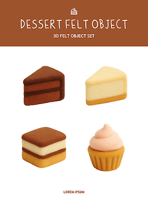 모양 PSD 편집이미지 어린이 컬러 놀이 디저트 선물 장식 세트 3D 케이크 초콜릿 컵케이크 수공예 바닐라 펠트 편집3D 음식 사람 공예 디지털합성 파일형식 천_직물