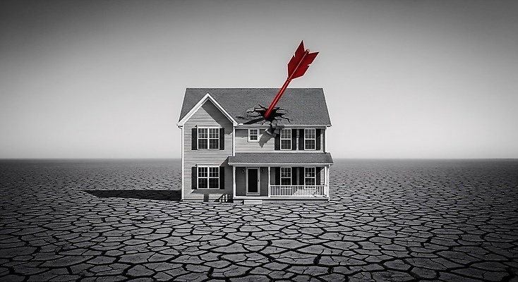 JPG 편집이미지 예술 상징 자연 화살 주택 일상 환경 손상 시골 도시 메시지 분위기 균열 땅 자연재해 불안 고립 주거지 이미지편집 AI컴퓨터그래픽 AI콘텐츠 감정 컨셉 모션 건물 라이프 생태계 재해 파일형식