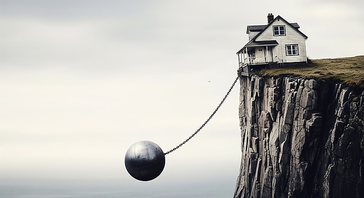 JPG 편집이미지 감정 예술 상징 자연 주택 미술 풍경 절벽 고독 연결 쇠사슬 사색 불안정 상상력 왜곡 현실 이미지편집 AI컴퓨터그래픽 AI콘텐츠 컨셉 생각 문화예술 건물 생태계 파일형식