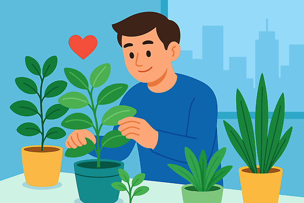 식물 남자 행복 화분 화초 일러스트 자연 주택 실내 취미 초록색 환경 방 회색 마음 도시 즐거움 원예 식물원 돌봄 식물키우기 국내일러스트 AI파일 감정 컬러 모션 사람 내부 건물 생태계 파일형식 벡터