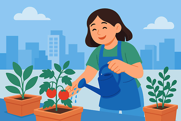 식물 행복 화분 토마토 일러스트 모션 자연 사랑 웃음 소녀 취미 햇빛 환경 농사 도심 물주기 원예 싱그러움 국내일러스트 AI파일 여자 감정 어린이 농업 채소 표정 태양 도시 생태계 파일형식 벡터