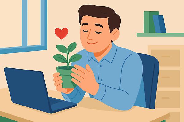 식물 남자 행복 일러스트 자연 휴식 사랑 일상 초록색 컴퓨터 사무실 평화 귀여움 환경 기쁨 성장 마음 작업 편안함 집중 국내일러스트 AI파일 감정 컬러 컨셉 비즈니스 사람 라이프 전자제품 감각 생태계 파일형식 벡터