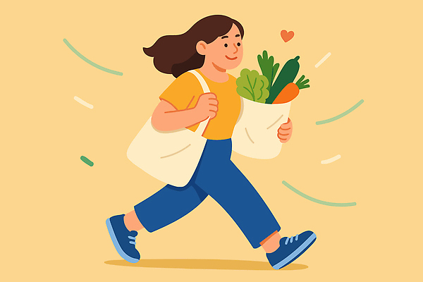 캐릭터 여자 채소 과일 일러스트 모션 표정 건강 일상 생활 쇼핑 운동 에너지 도시 장바구니 즐거움 밝은색 생필품 국내일러스트 AI파일 감정 사람 라이프 바구니 오브젝트 파일형식 벡터