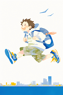 JPG 옷 어린이 운동화 가방 일러스트 학교 모션 웃음 소년 여름 파란색 학습 달리기 활발 꿈 탐험 성장 즐거움 그림 국내일러스트 AI일러스트 AI콘텐츠 잡화 계절 교육 남자 감정 컬러 신발 컨셉 표정 사람 파일형식