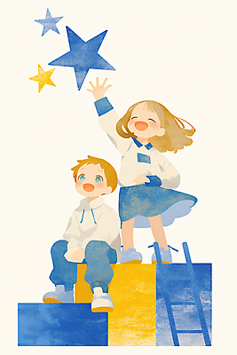 JPG 행복 별 어린이 컬러 일러스트 모션 놀이 미소 웃음 파란색 친구 노란색 유치원 즐거움 그림 상상력 생동감 창의력 국내일러스트 AI일러스트 AI콘텐츠 자연요소 교육 감정 관계 표정 사람 파일형식