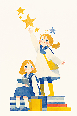 JPG 교육 별 일러스트 상상 청소년 밝음 실험 이야기 소녀 책 여름 친구 학습 우정 꿈 성장 도서관 즐거움 발견 창의성 국내일러스트 AI일러스트 AI콘텐츠 자연요소 계절 여자 감정 어린이 관계 사람 파일형식