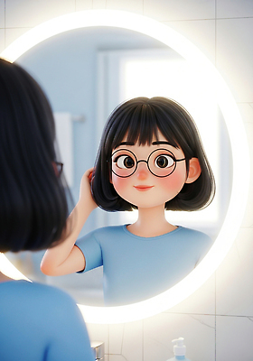 JPG 편집이미지 헤어스타일 여자 티셔츠 청소년 소녀 일상 파란색 거울 욕실 즐거움 확인 자아 편집3D AI컴퓨터그래픽 AI콘텐츠 감정 어린이 컬러 셔츠 사람 라이프 3D 파일형식