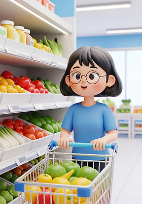 JPG 편집이미지 캐릭터 음식 채소 과일 쇼핑 장보기 쇼핑카 구매 상품 장바구니 건강식 슈퍼마켓 식사준비 편집3D AI컴퓨터그래픽 AI콘텐츠 3D 바구니 상점 카트 준비 파일형식