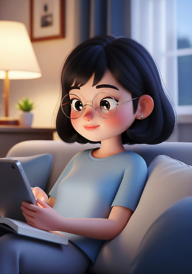 JPG 편집이미지 캐릭터 어린이 거실 조명 소녀 취미 소파 태블릿 독서 편안함 만화 집중 편집3D AI컴퓨터그래픽 AI콘텐츠 여자 컨셉 의자 사람 전자제품 스마트기기 3D 감각 파일형식