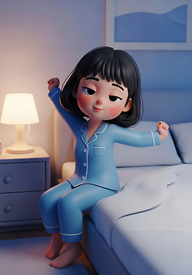 JPG 편집이미지 캐릭터 디자인 아침 조명 소녀 일상 파란색 귀여움 스트레칭 방 잠옷 침대 아침식사 편안함 편집3D AI컴퓨터그래픽 AI콘텐츠 주간 옷 여자 어린이 컬러 가구 컨셉 라이프 운동 3D 식사 감각 파일형식