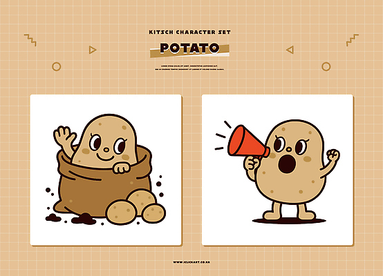 모양 캐릭터 디자인 감정 컬러 일러스트 감자 장난감 귀여움 소리 외침 표현 즐거움 자루 개성 소통 키치 일러캐릭터 AI파일 컨셉 채소 파일형식 벡터