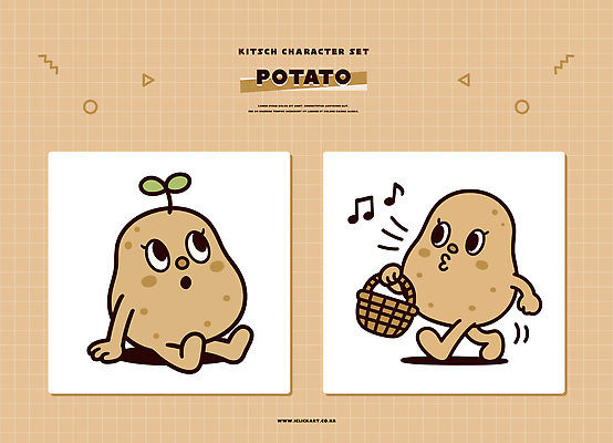 식물 캐릭터 디자인 감정 일러스트 모션 감자 앉기 세트 장난감 바구니 걷기 성장 표현 즐거움 키치 일러캐릭터 AI파일 컨셉 채소 파일형식 벡터