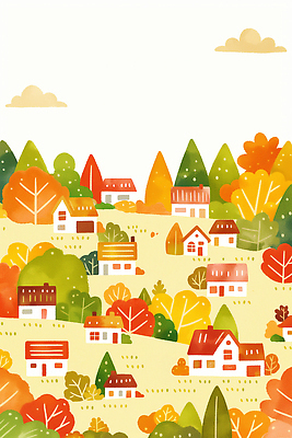 JPG 나무 여유 컬러 단풍 채소 일러스트 자연 하늘 생명 주택 따뜻함 풍경 일상 평화 마을 농촌 연못 조화 국내일러스트 AI일러스트 AI콘텐츠 식물 감정 컨셉 잎 건물 라이프 시골 생태계 파일형식