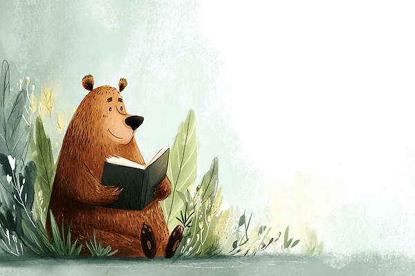 JPG 식물 동물 캐릭터 일러스트 곰 자연 생명 휴식 이야기 책 독서 햇빛 고요 숲 편안함 즐거움 그림 상상력 자연친화적 국내일러스트 AI일러스트 AI콘텐츠 감정 컨셉 포유류 태양 감각 생태계 파일형식