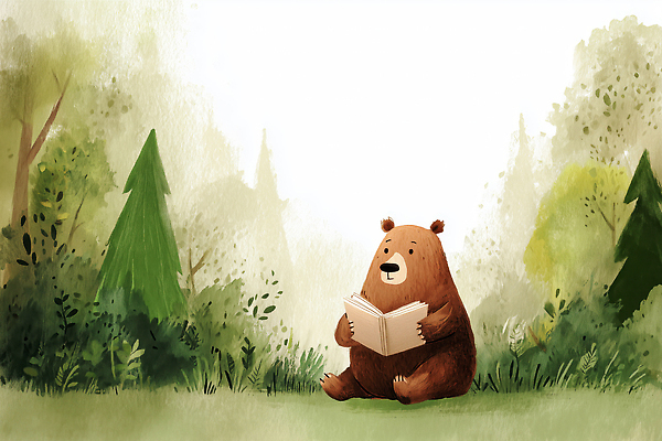 JPG 나무 동물 여유 어린이 일러스트 곰 자연 동화 이야기 풍경 라이프 책 평화 고요 숲 읽기 즐거움 국내일러스트 AI일러스트 AI콘텐츠 식물 감정 컨셉 포유류 모션 사람 생활 생태계 파일형식