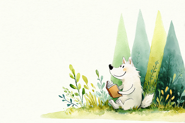 JPG 나무 캐릭터 행복 감정 야생동물 어린이 일러스트 상상 자연 이야기 책 독서 평화 귀여움 색칠 숲 즐거움 늑대 국내일러스트 AI일러스트 AI콘텐츠 식물 동물 컨셉 포유류 사람 생태계 파일형식