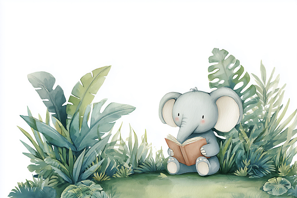 JPG 식물 동물 어린이 일러스트 자연 코끼리 책 학습 독서 평화 탐험 성장 아기 시간 숲 편안함 즐거움 호기심 그림 흥미 국내일러스트 AI일러스트 AI콘텐츠 교육 감정 컨셉 포유류 사람 감각 생태계 파일형식