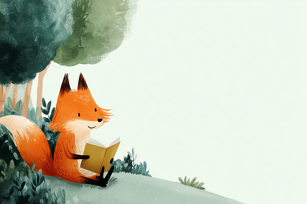 JPG 나무 식물 동물 캐릭터 어린이 일러스트 자연 휴식 표정 책 독서 평화 숲속 숲 즐거움 그림 여우 색감 오후 국내일러스트 AI일러스트 AI콘텐츠 감정 컨셉 포유류 사람 생태계 파일형식