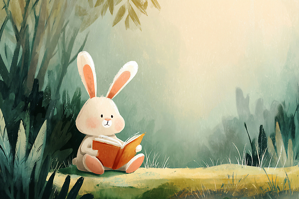 JPG 나무 식물 동물 캐릭터 여유 일러스트 상상 자연 아침 휴식 이야기 책 평화 귀여움 토끼 숲 읽기 장면 발견 오후 국내일러스트 AI일러스트 AI콘텐츠 주간 감정 컨셉 포유류 모션 반려동물 생태계 파일형식