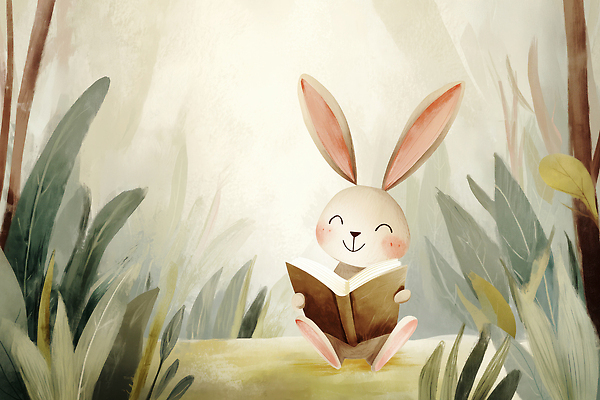 JPG 나무 동물 행복 문화 어린이 일러스트 자연 동화 책 독서 평화 귀여움 토끼 숲 읽기 즐거움 그림 상상력 전경 국내일러스트 AI일러스트 AI콘텐츠 식물 감정 컨셉 포유류 모션 사람 풍경 반려동물 생태계 파일형식 탑뷰