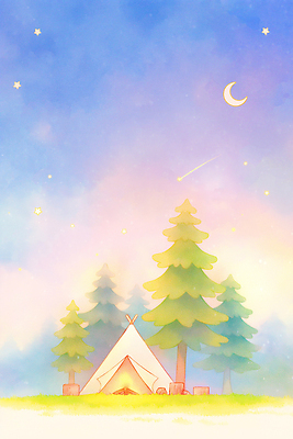 JPG 나무 별 일러스트 자연 하늘 텐트 풍경 여름 평화 소리 캠핑 달 대기 숲 유성 모닥불 조용 국내일러스트 AI일러스트 AI콘텐츠 자연요소 식물 계절 컨셉 불 레저 캠핑도구 생태계 파일형식