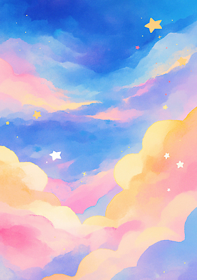 JPG 별 예술 분홍색 컬러 하늘색 일러스트 자연 하늘 수채화 풍경 노란색 평화 물감 저녁 드로잉 뷰티풀 솜사탕 창의력 환상 국내일러스트 AI일러스트 AI콘텐츠 자연요소 컨셉 디저트 미술 파란색 미술도구 야간 생태계 파일형식