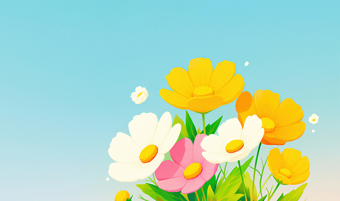 JPG 식물 계절 꽃 분홍색 꽃밭 일러스트 자연 하늘 생명 풍경 여름 햇빛 노란색 흰색 코스모스 화사함 조화 만개 뷰티풀 생동감 싱그러움 화창 국내일러스트 AI일러스트 AI콘텐츠 컬러 컨셉 날씨 태양 생태계 파일형식