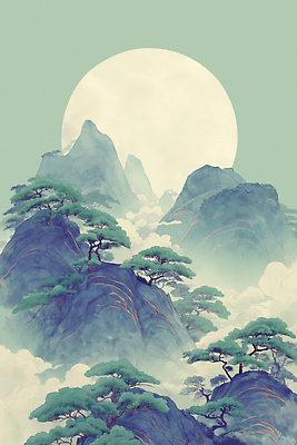 JPG 나무 전통 예술 일러스트 자연 하늘 휴식 산 풍경 평화 고요 달 대기 신비 조화 뷰티풀 수목 경관 국내일러스트 AI일러스트 AI콘텐츠 자연요소 식물 컨셉 생태계 파일형식