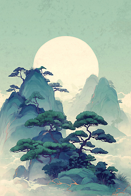 JPG 나무 여유 컬러 백그라운드 일러스트 자연 산 미술 풍경 초록색 빛 평화 고요 안개 달 동양화 조화 뷰티풀 풍경화 국내일러스트 AI일러스트 AI콘텐츠 자연요소 식물 감정 컨셉 날씨 문화예술 그림 생태계 파일형식