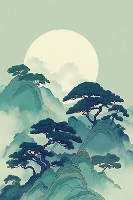 JPG 나무 전통 물결 예술 일러스트 자연 산 한국 풍경 일출 정원 고요 일몰 달 숲 청록색 조화 뷰티풀 국내일러스트 AI일러스트 AI콘텐츠 자연요소 식물 아시아 컬러 노을 생태계 파일형식