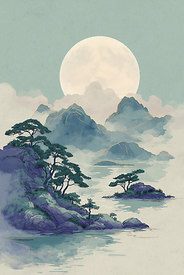 JPG 나무 호수 예술 백그라운드 일러스트 자연 수채화 산 미술 풍경 평화 일출 고요 일몰 달빛 그림 조경 뷰티풀 국내일러스트 AI일러스트 AI콘텐츠 식물 컨셉 문화예술 노을 달 생태계 파일형식