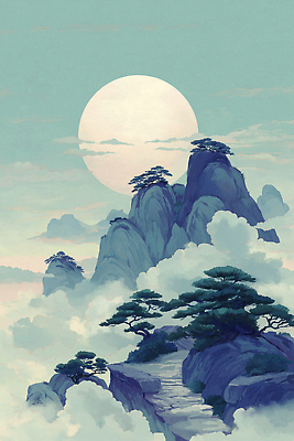 JPG 길 여행 일러스트 자연 하늘 생명 산 풍경 일출 고요 일몰 탐험 보름달 화려 신비 조화 뷰티풀 국내일러스트 AI일러스트 AI콘텐츠 컨셉 노을 달 생태계 파일형식