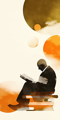 JPG 디자인 남자 여유 예술 생각 일러스트 추상 책 독서 평화 주황색 감상 공간 교양 원형 분위기 집중 창의성 혼자 국내일러스트 AI일러스트 AI콘텐츠 도형 감정 컬러 컨셉 무늬 사람 파일형식