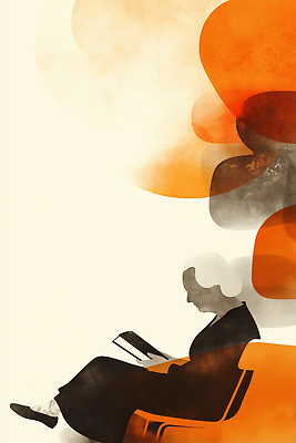 JPG 여자 노년 문화 여유 컬러 의자 일러스트 상상 추상 휴식 책 독서 주황색 마음 시간 분위기 그림 창의성 흥미 차분 국내일러스트 AI일러스트 AI콘텐츠 감정 가구 컨셉 무늬 사람 성인 파일형식