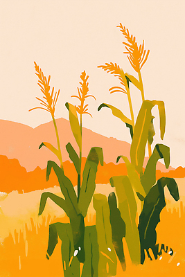 JPG 식물 농업 일러스트 자연 생명 옥수수 풍경 여름 햇빛 농장 환경 수확 성장 시골 황금 땅 원예 색감 국내일러스트 AI일러스트 AI콘텐츠 계절 산업 곡류 취미 태양 생태계 파일형식