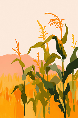 JPG 식물 밭 농업 일러스트 자연 생명 산 따뜻함 옥수수 풍경 여름 햇빛 농장 농사 수확 성장 뷰티풀 색감 국내일러스트 AI일러스트 AI콘텐츠 계절 산업 곡류 태양 생태계 파일형식