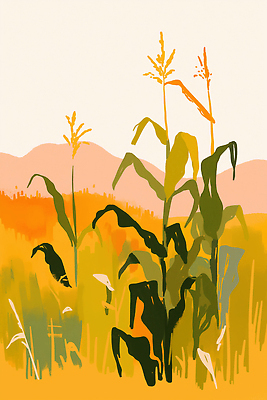 JPG 식물 컬러 밭 농업 채소 일러스트 자연 산 옥수수 풍경 잔디 초원 농작물 햇빛 농사 성장 농부 땅 국내일러스트 AI일러스트 AI콘텐츠 직업 산업 곡류 태양 생태계 파일형식