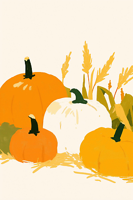 JPG 전통 계절 컬러 일러스트 자연 호박 따뜻함 풍경 잔디 농작물 인테리어 주황색 할로윈 수확 흰색 농촌 밀 그림 감성 국내일러스트 AI일러스트 AI콘텐츠 식물 디자인 컨셉 농업 채소 곡류 시골 생태계 파일형식