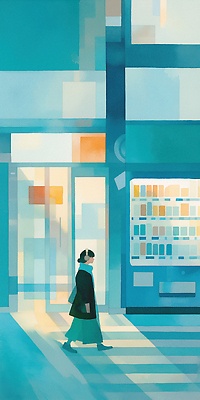 JPG 감정 일러스트 거리 사람 건물 일상 파란색 빛 평화 걷기 카페 도시 보행자 모던 상업 장면 스카이라인 색채 자판기 국내일러스트 AI일러스트 AI콘텐츠 건축물 컬러 컨셉 모션 라이프 상점 파일형식