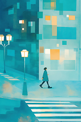 JPG 길 예술 컬러 가로등 일러스트 거리 사람 풍경 건물 일상 초록색 파란색 걷기 산책 도시 분위기 편안함 조용 국내일러스트 AI일러스트 AI콘텐츠 건축물 공공시설 컨셉 모션 휴식 라이프 감각 파일형식