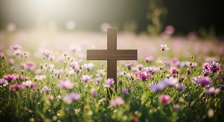 JPG 나무 편집이미지 꽃 기독교 종교 십자가 자연 초원 여름 햇빛 평화 조용 편집실사 AI포토 AI콘텐츠 식물 계절 컨셉 태양 CG 생태계 파일형식