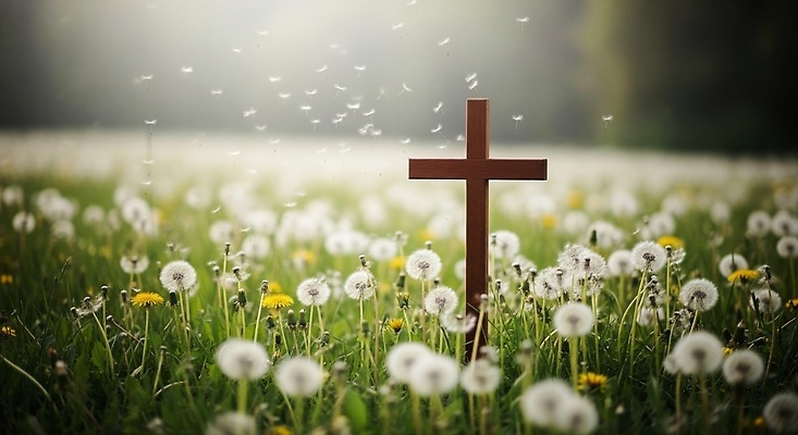 JPG 편집이미지 꽃 종교 상징 십자가 자연 생명 바람 잔디 햇빛 평화 기도 민들레 조화 뷰티풀 편집실사 AI포토 AI콘텐츠 자연요소 식물 컨셉 날씨 태양 CG 생태계 파일형식