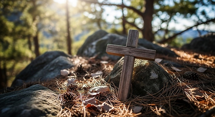 JPG 나무 편집이미지 종교 십자가 자연 풍경 야외 햇빛 평화 고요 돌_바위 숲 솔잎 편집실사 AI포토 AI콘텐츠 식물 컨셉 잎 태양 CG 생태계 파일형식