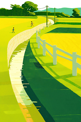 JPG 길 여유 농업 일러스트 자연 산 사람 풍경 초원 여러명 여름 파란색 강 노란색 평화 걷기 고요 산책 시골 조화 풍경화 국내일러스트 AI일러스트 AI콘텐츠 계절 감정 산업 컬러 다수 컨셉 모션 휴식 그림 생태계 파일형식