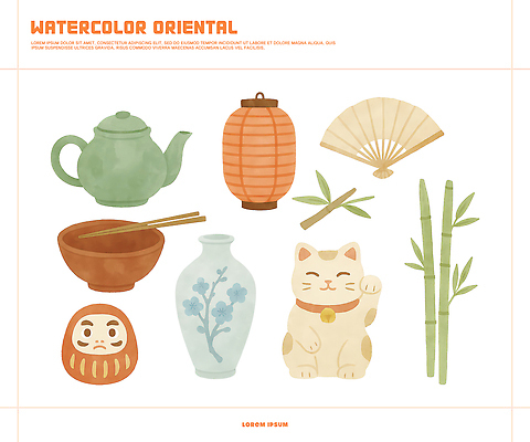 PSD 전통 디자인 문화 예술 일러스트 자연 놀이 주전자 수채화 풍경 장식 고양이 랜턴 행운 찻잔 대나무 오브젝트 그림 아이템 색채 국내일러스트 나무 컨셉 포유류 주방용품 조명 잔 반려동물 생태계 파일형식