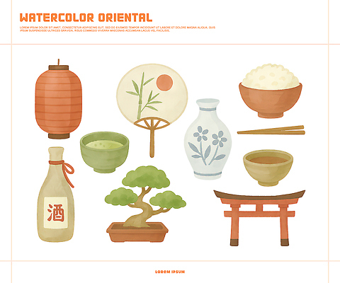 PSD 동양문화 전통 일러스트 밥 수채화 요리 장식 정원 일본 식사 찻잔 다도 기모노 오브젝트 그림 사케 국내일러스트 아시아 문화 음식 잔 주류 예절 일본전통의상 파일형식