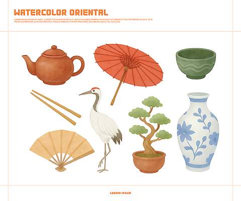PSD 전통 디자인 문화 예술 일러스트 우산 자연 수채화 풍경 장식 도자기 전통의상 찻주전자 백로 조화 수공예 뷰티풀 색채 정물화 국내일러스트 조류 주전자 공예 그림 생태계 파일형식